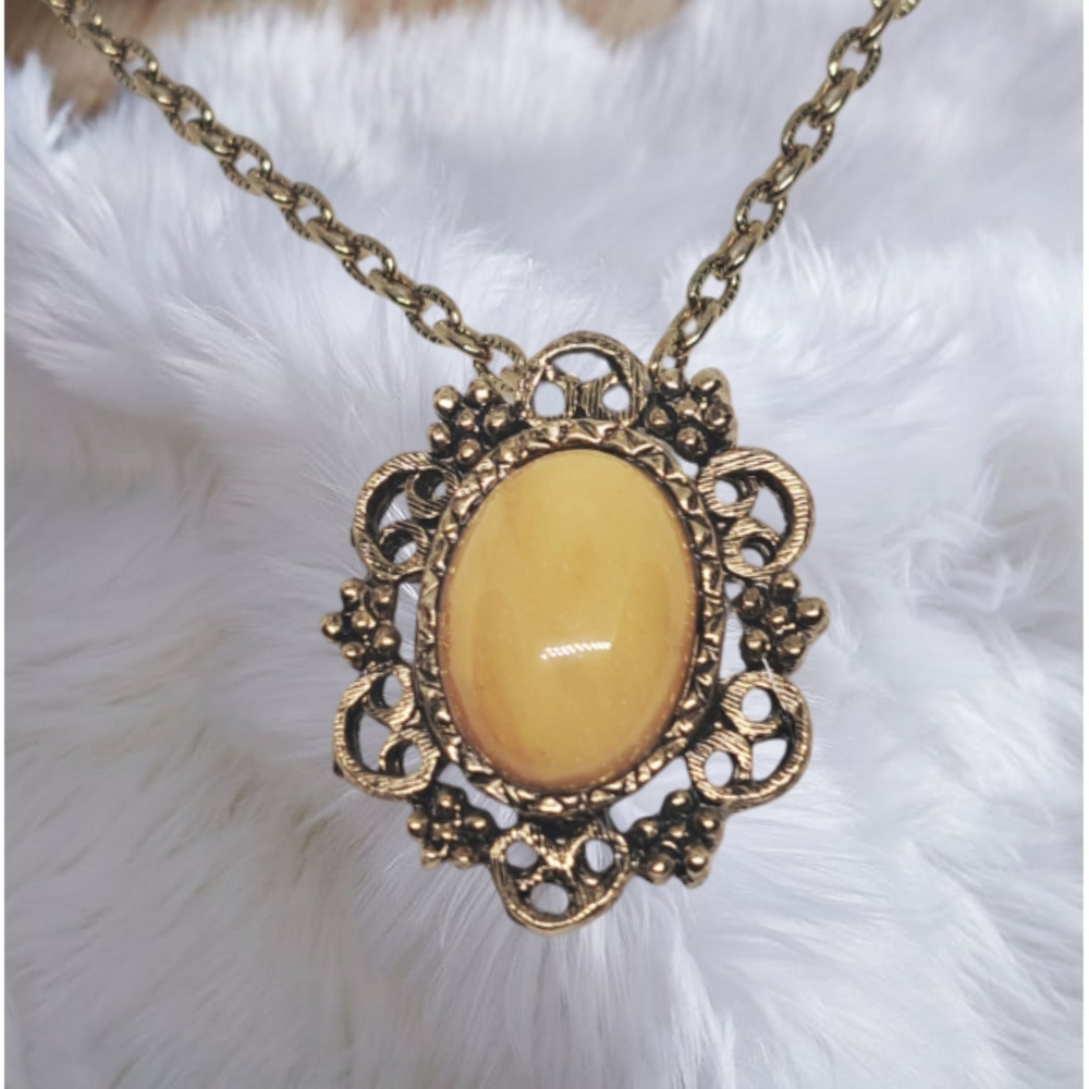 N4S Butterscotch Color Natural Stone Mounted on a Brass Pendant Necklace